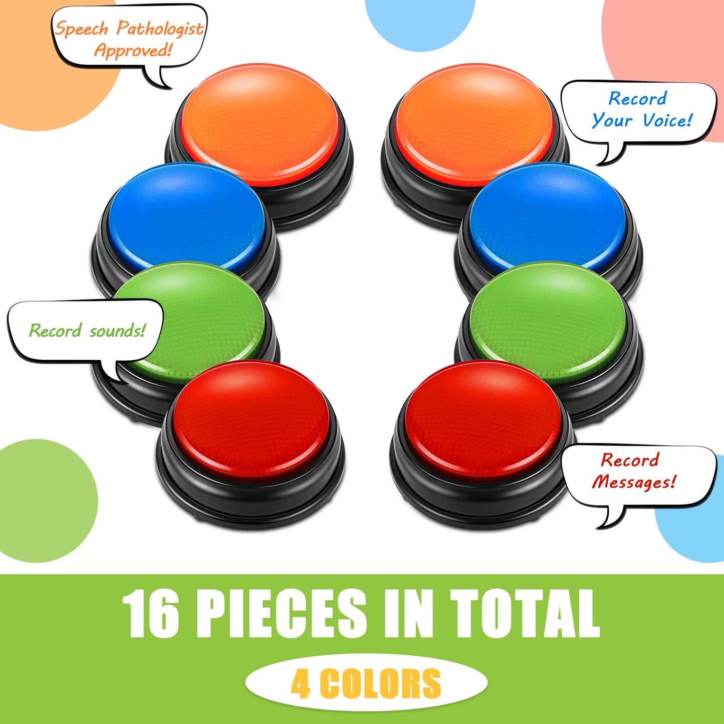Deekin 16 Pcs Recordable Answer Buzzers Bulk Trivia Game Show Buzz Dog Buttons for Classroom Back to School Class Team Family Nights Communication Pet Training Gifts