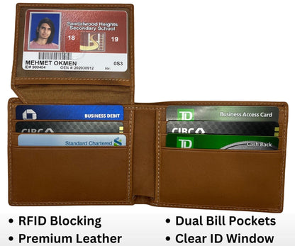 CraftZen Custom Genuine Leather Wallet for Men, RFID Blocking Personalized Bifold Wallet with ID Window, Engraved Real Leather Wallet for Men with Gift Box (Brown)