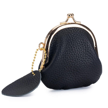 Leather Kisslock Coin Purse for Women, Compact Vintage Style Coin Pouch with Key Holder, Gift for Girls (Black)