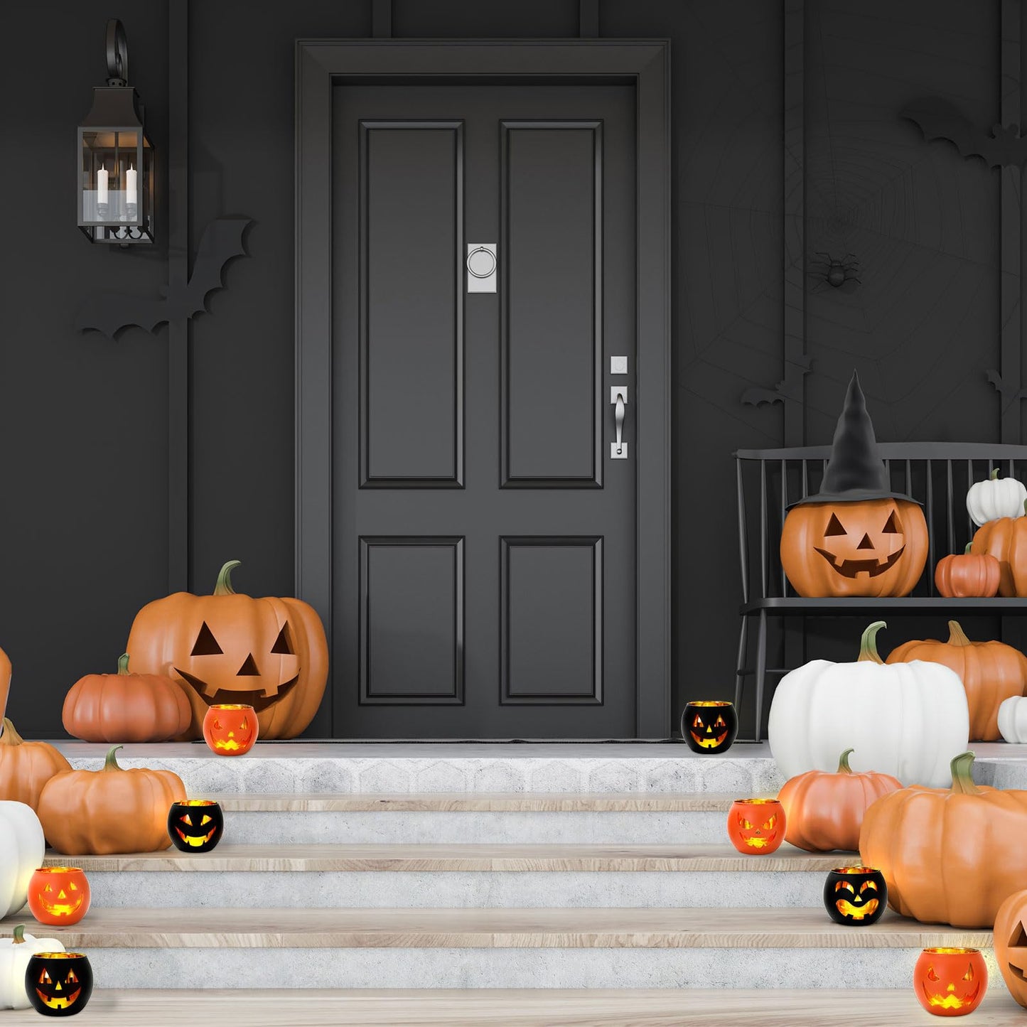 Whaline 6Pcs Halloween Candle Holder Black Orange Pumpkin Face Candlestick Glass Holder for Home Party Table Centerpiece Decor Supplies