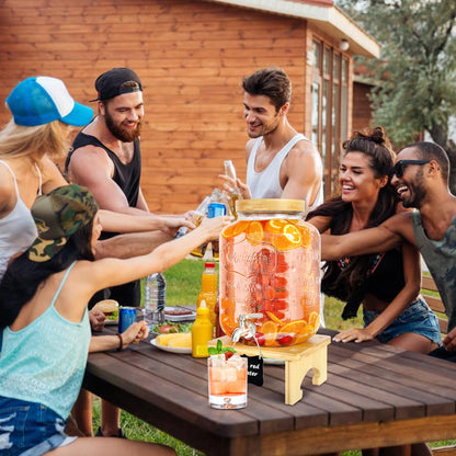 2 Gallon Drink Dispenser with Stand，Glass Beverage Dispenser With Wood Stand, 18/8 Stainless Steel Spigot and Labels Large Water Drink Dispensers for Parties, Lemonade,Juice, Tea