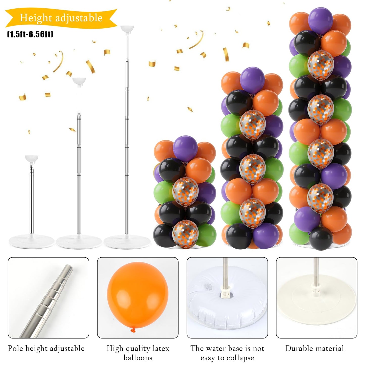 2 Sets Halloween Balloon Column Stand Kit 3.3 X 6.6 ft Photo Backdrop With Ghost Pumpkin Balloon Black Orange Purple Green Balloons with Bases for Halloween Day Theme Party Decorations