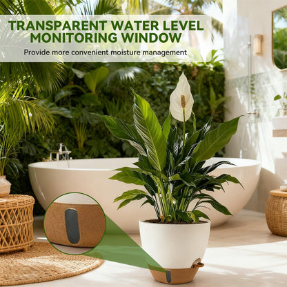 Nuotuv 8/9/10 Inch Large Self Watering Pots, Plastic Flower Pots with Multi Mesh Drainage Holes and Water Level Indicator & Deep Reservoir for Indoor Outdoor Garden Plants and Flowers (White)