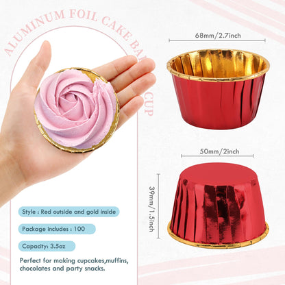 TRUSBER Red and Gold Foil Cupcake Liners,100 pcs Disposable Muffin Liners 3.5 Oz Wrappers for Baking, Metallic Muffin Paper Cases Baking Cups Valentines Day, Mother's Day Cupcake Liners