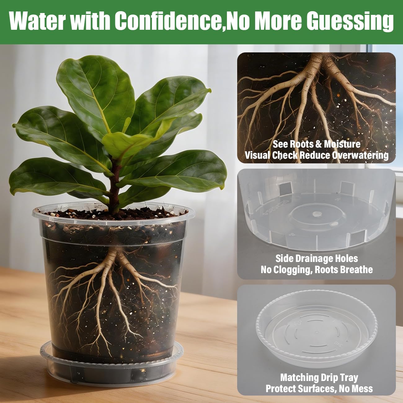 BTPLASTIK 1 Gallon Clear Nursery Pots with Saucers 10P, 6.5 Inch Round Plastic Plant Pots with Drainage Holes