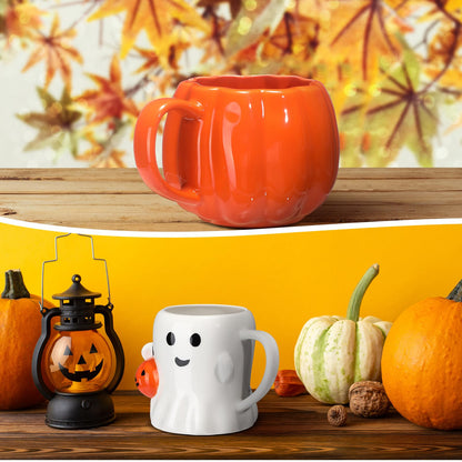 LemonRoad 2 Pcs 14 oz Pumpkin Cute Mugs Happy Ghost Pumpkin Pattern Mugs Novelty Ceramic 3D Coffee Cups Gifts for Hot Chocolate Cocoa Milk Tea Coffee Lover