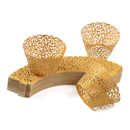 KPOSIYA Pack of 120 Cupcake Wrappers Artistic Bake Cake Paper Cups Vine Designed Laser Cut Cupcake Wraps Baking Cup Muffin Case Trays for Wedding Baby Shower Party Birthday Decoration (120, Gold)