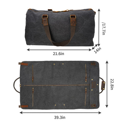 2 in 1 Suit Garment Duffle Convertible Carry-on Bag With Canvas Leather Shoulder Strap for Travel, Business Trips, Storage - Hangding Suit, Clothes, Dresses, Shoes (Black)