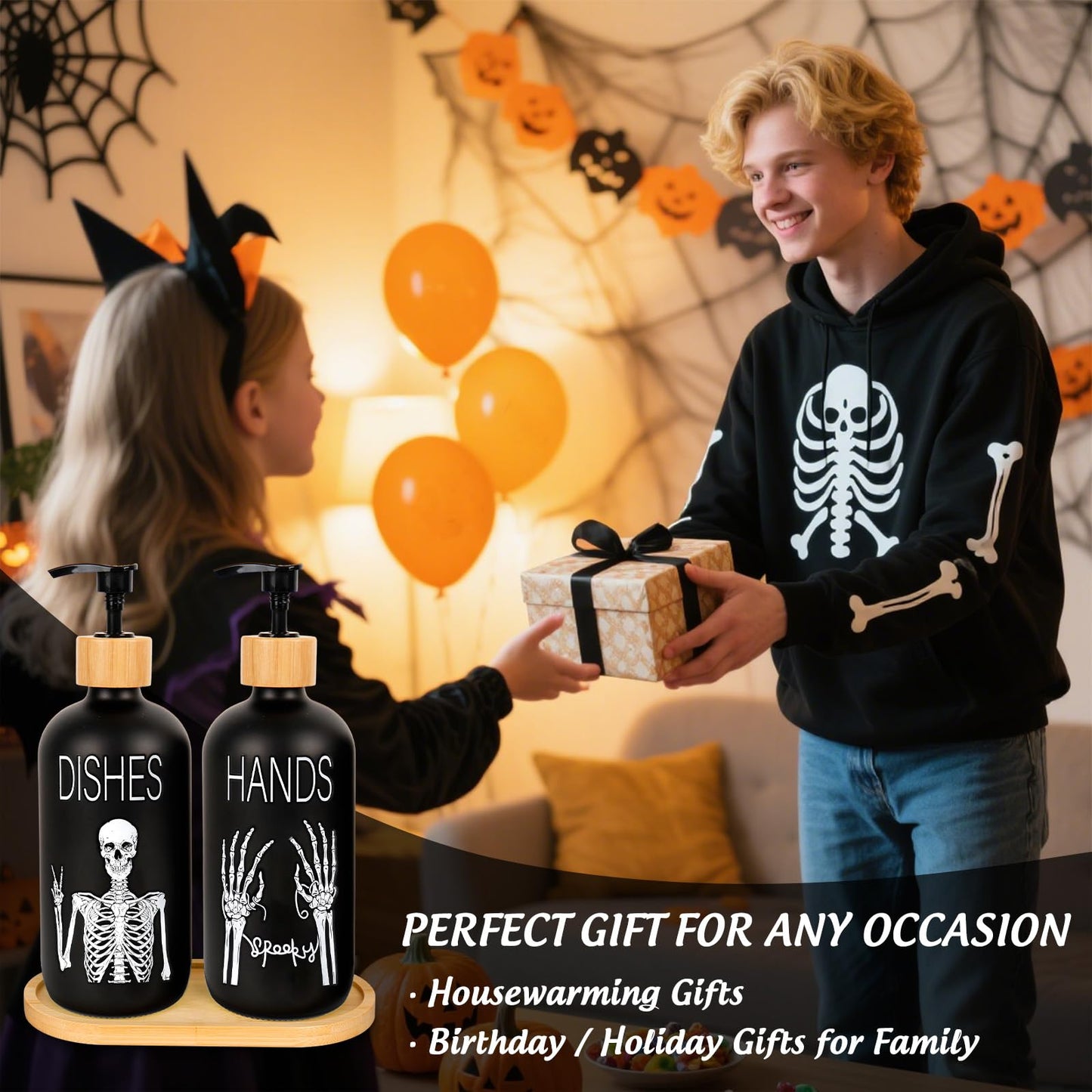 Whaline 2 Pcs Halloween Soap Dispenser Black Spooky Skeleton Hand Glass Soap Dispenser with Pump Refillable Liquid Container for Trick or Treat Home Kitchen Decor