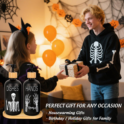 Whaline 2 Pcs Halloween Soap Dispenser Black Spooky Skeleton Hand Glass Soap Dispenser with Pump Refillable Liquid Container for Trick or Treat Home Kitchen Decor