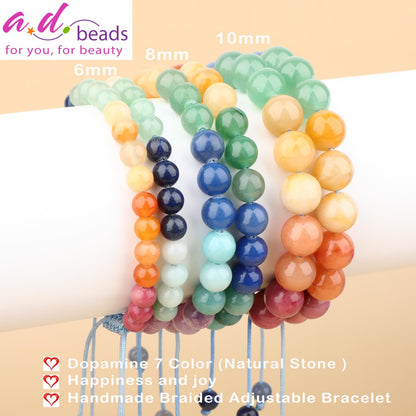 AD Beads 6mm Dopamine 7 Color - Happiness and Joy - Handmade Natural Stone Crystal Bracelet with Adjustable Macrame String - Yoga Healing Power Energy Gifts for Men and Women