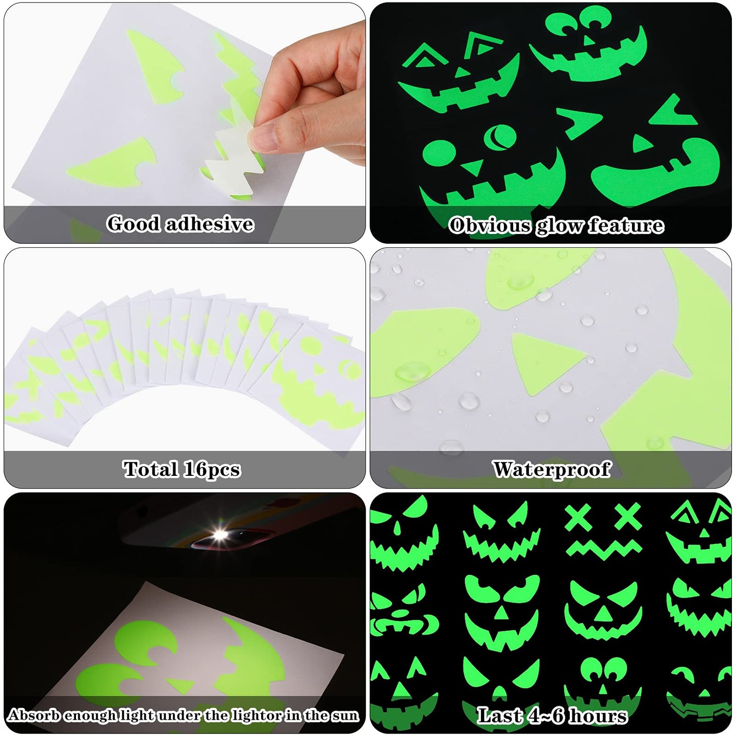 16 Pieces Halloween Luminous Pumpkin Sticker Fluorescent Green Decals Sticker Glow in The Dark Window Wall Door Stickers Decorating Craft Kits for Halloween Party Decorations Supplies