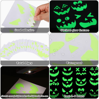 16 Pieces Halloween Luminous Pumpkin Sticker Fluorescent Green Decals Sticker Glow in The Dark Window Wall Door Stickers Decorating Craft Kits for Halloween Party Decorations Supplies