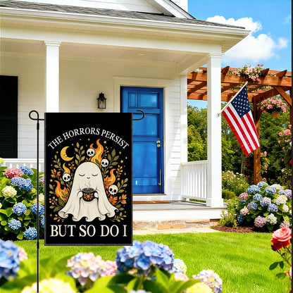 RZHV The Horrors Persist But So Do I Double-Sided Garden Flag for Outdoor House Yard Sign Garden Decor Parade, Funny Motivational Fall Ghost Outdoor Banner, Halloween Social Justice Front Yard Flag
