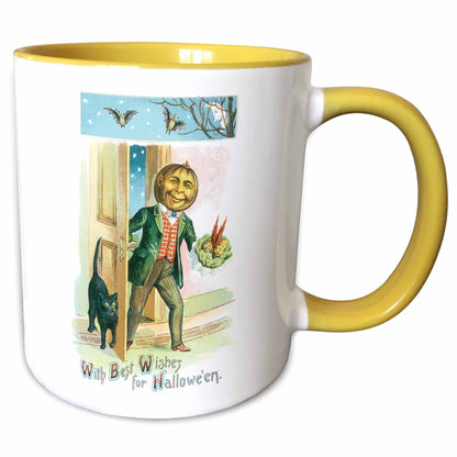 3dRose Vintage Halloween With Best Wishes with a Pumpkin Man and a Black Cat 11oz Two-Tone Yellow Mug