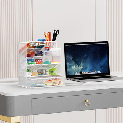 ReePlan Mesh Pen Organizer for Desk, Multi-Functional Pencil Holder with Drawer Desk Organizers, Large Capacity Storage for School Office Home Supplies (White)