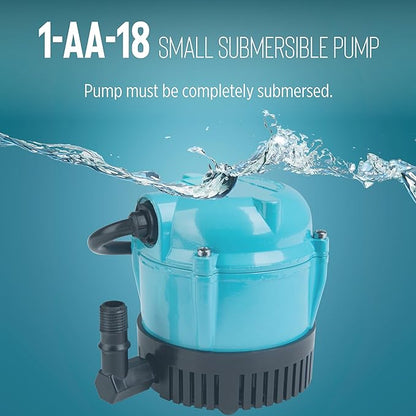 Little Giant 1-AA-18 115 Volt, 1/200 HP, 170 GPH Small Submersible Permanently Oiled Pump for Fountains, Water Displays and Air Conditioners, 18-Foot Cord, Blue, 500500