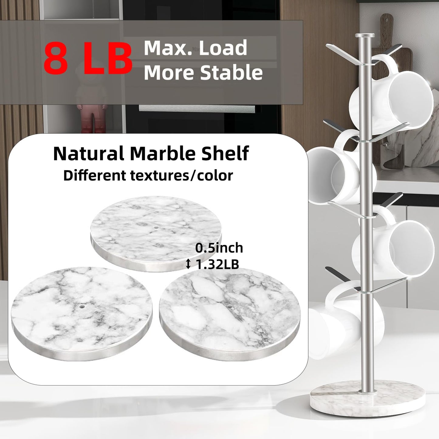 Gypie Marble Mug Holder Tree, 8 Hooks Brushed Nickel Coffee Cups Stand, New Upgraded Stable Mug Stand for Kitchen Counter Cabinet Cafe