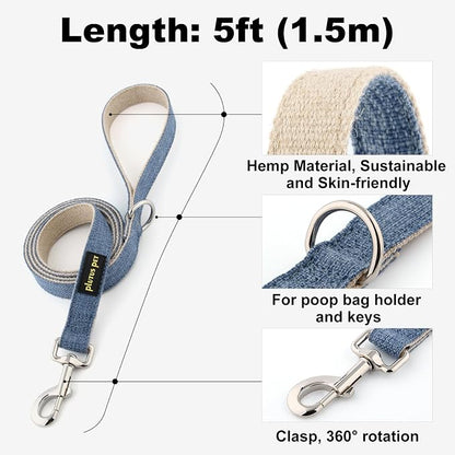 Plutus Pet Cotton Hemp Dog Collar and Leash Set, Adjustable Collar for Small, Medium, and Large Dogs, Heavy Duty and Soft on Skin, Haze Blue, S