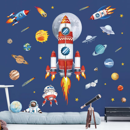 decalmile Outer Space Rockets Wall Decals Planets Stars Solar System Wall Stickers Baby Nursery Boys Bedroom Playroom Wall Decor