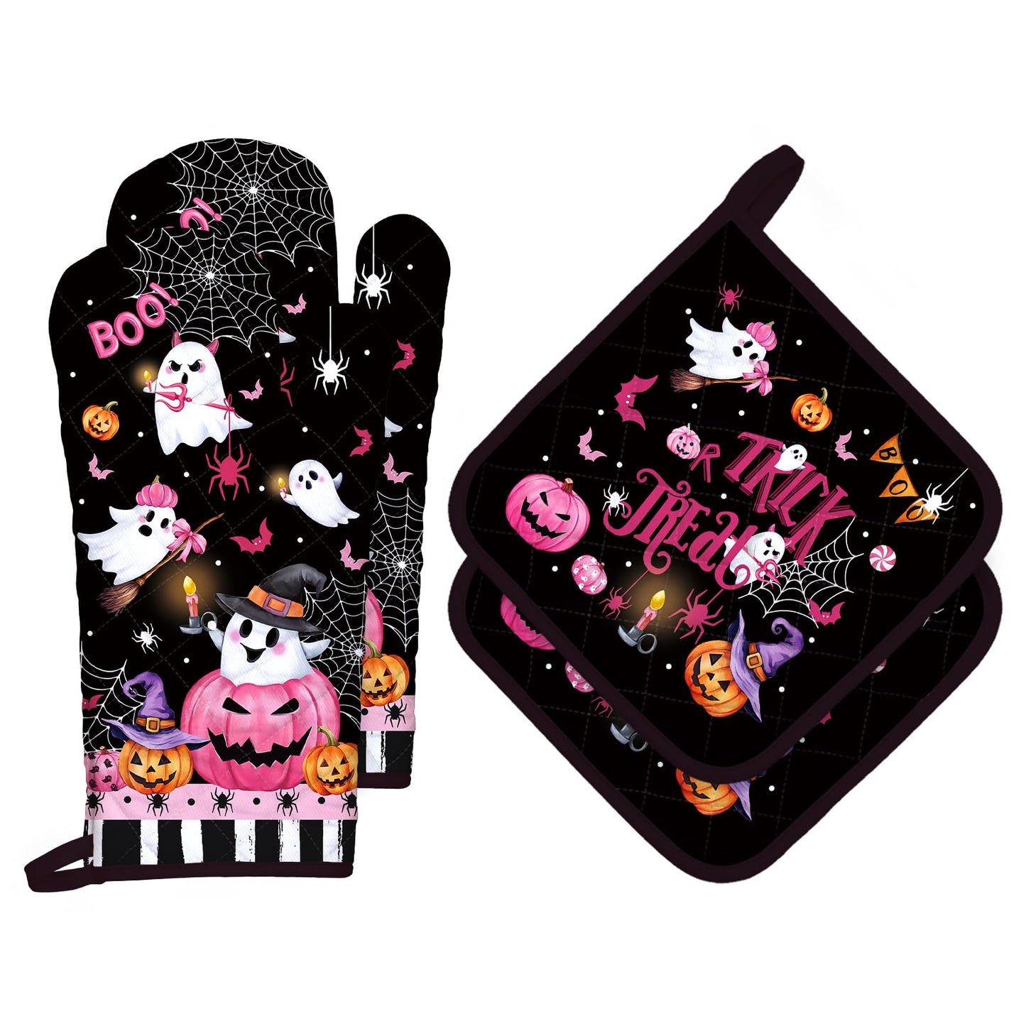 Arquiel Halloween Boo Pink Pumpkin Oven Mitts and Pot Holders Sets 4Pcs, 100% Cotton Heat Resistant, Extra Long Oven Gloves Potholder for Kitchen Cooking Baking Decoration