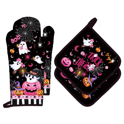 Arquiel Halloween Boo Pink Pumpkin Oven Mitts and Pot Holders Sets 4Pcs, 100% Cotton Heat Resistant, Extra Long Oven Gloves Potholder for Kitchen Cooking Baking Decoration