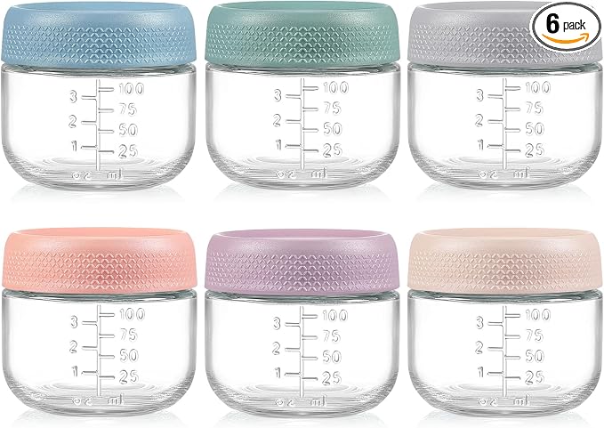 NETANY 6 Pack 4 oz Glass Baby jars with Airtight Lids, Glass Baby Food Storage Containers,Overnight Oats Containers with Lids | Microwave, Dishwasher & Freezer Safe | Includes 10 Labels