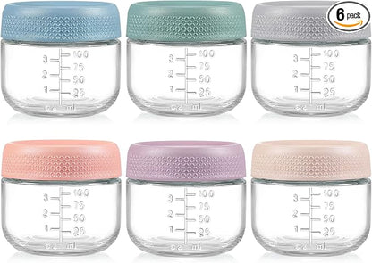 NETANY 6 Pack 4 oz Glass Baby jars with Airtight Lids, Glass Baby Food Storage Containers,Overnight Oats Containers with Lids | Microwave, Dishwasher & Freezer Safe | Includes 10 Labels