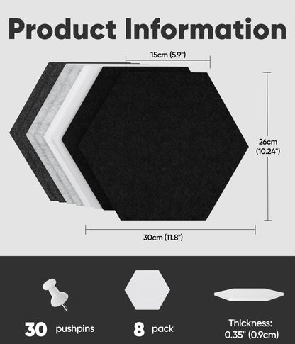 Toptople 12 Inch Large Hexagon Cork Board for Walls, 8 Pack Felt Bulletin Board Tiles, Pin Board with Push Pins for Office Photo and Note, Gradual Gray