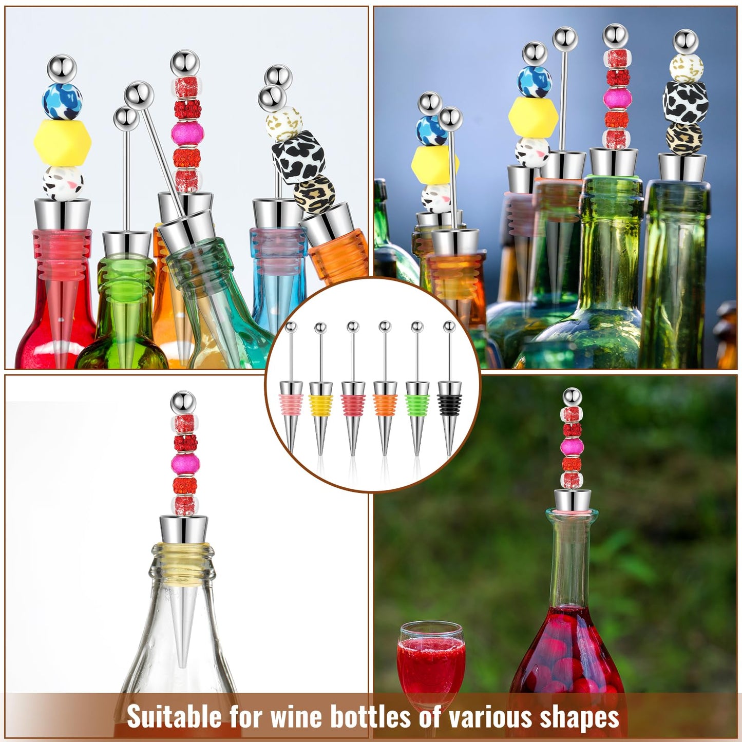 Tandefio 24 Pcs Beadable Wine Stoppers Bulk Bottles Decorative Beadable Wine Bottles Stopper Reusable for Beverage Gifts Holiday Party Wedding Bar