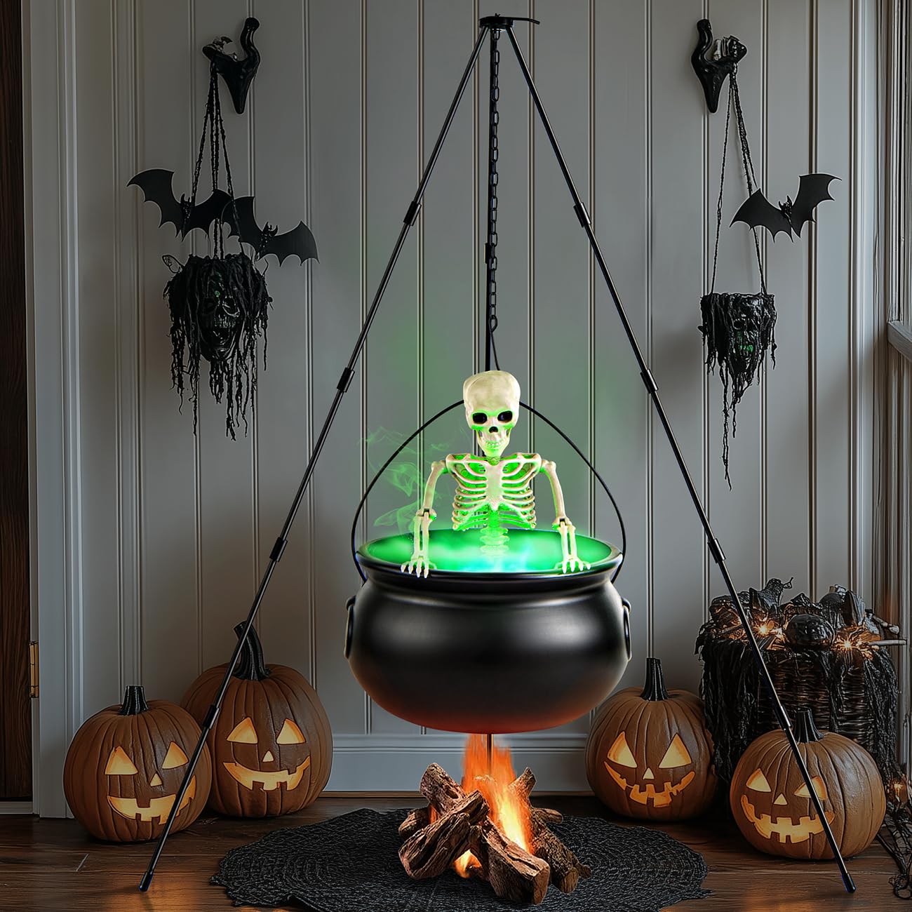 MEADIN Halloween Decorations Outdoor - Large Witches Cauldron on Tripod with Cauldron Diffuserr and Big Skeleton - Black Plastic Cauldron Halloween Decor for Outside Yard Lawn Home Porch Door