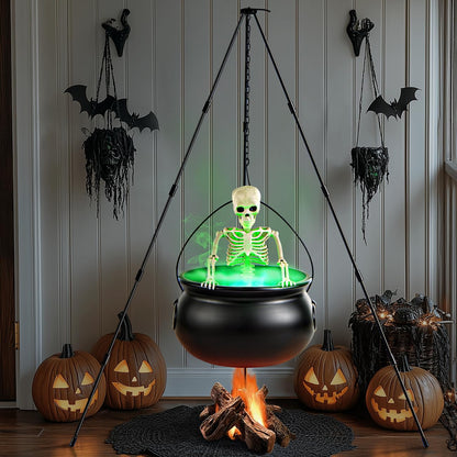 MEADIN Halloween Decorations Outdoor - Large Witches Cauldron on Tripod with Cauldron Diffuserr and Big Skeleton - Black Plastic Cauldron Halloween Decor for Outside Yard Lawn Home Porch Door
