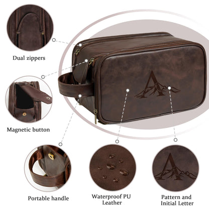 Janhavi Travel Toiletry Bag For Men Waterproof, Groomsmen Gifts Personalized Leather Engraved Initials & Mountain, Mens Dopp Kit Bag, Birthday Gifts For Men, Travel Tssentials (Dark Brown A)