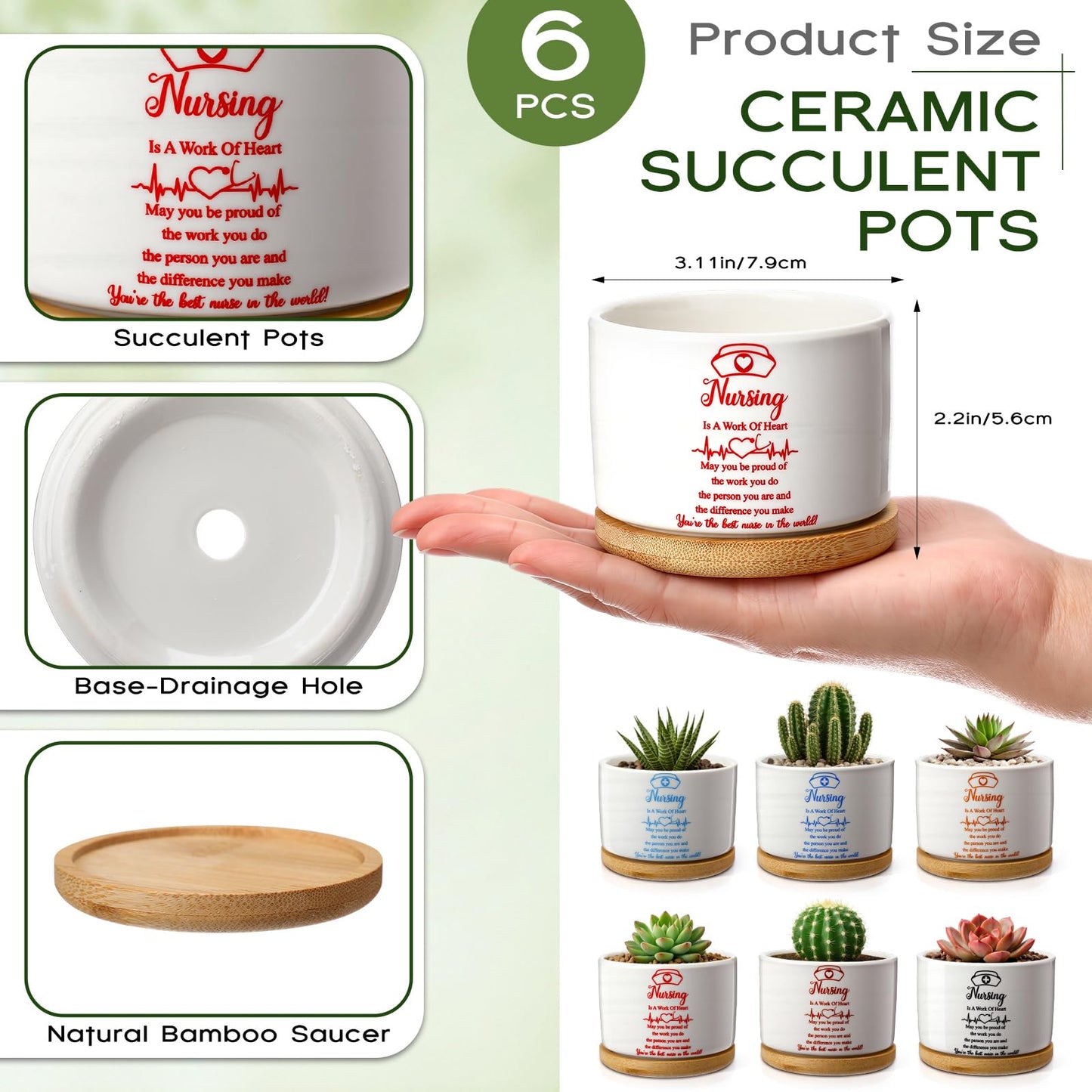 Yungyan 6 Pcs Nurse Week Gifts Bulk 2026 Nurse Appreciation Succulent Plant Pot Nursing is a Work of Heart Ceramic Flower Planter Accessories for Graduation Season Hospital Plant Not Included