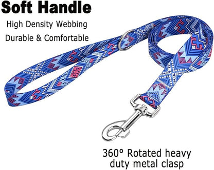 MarukoPet Dog Collar and Leash Set, Adjustable for Small Medium Large Dogs Puppy, Cute Design with Bohemia Floral Tribal Geometric Patterns Boys Girls Dog Collar(Blue Ethnic Style Set,L)