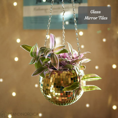 SCANDINORDICA Disco Ball Planter 6" Gold with Chain and Macrame Hanger and Disco Ball Planter Pot 4.3" with Saucer (0.3x0.3 mirror tiles)