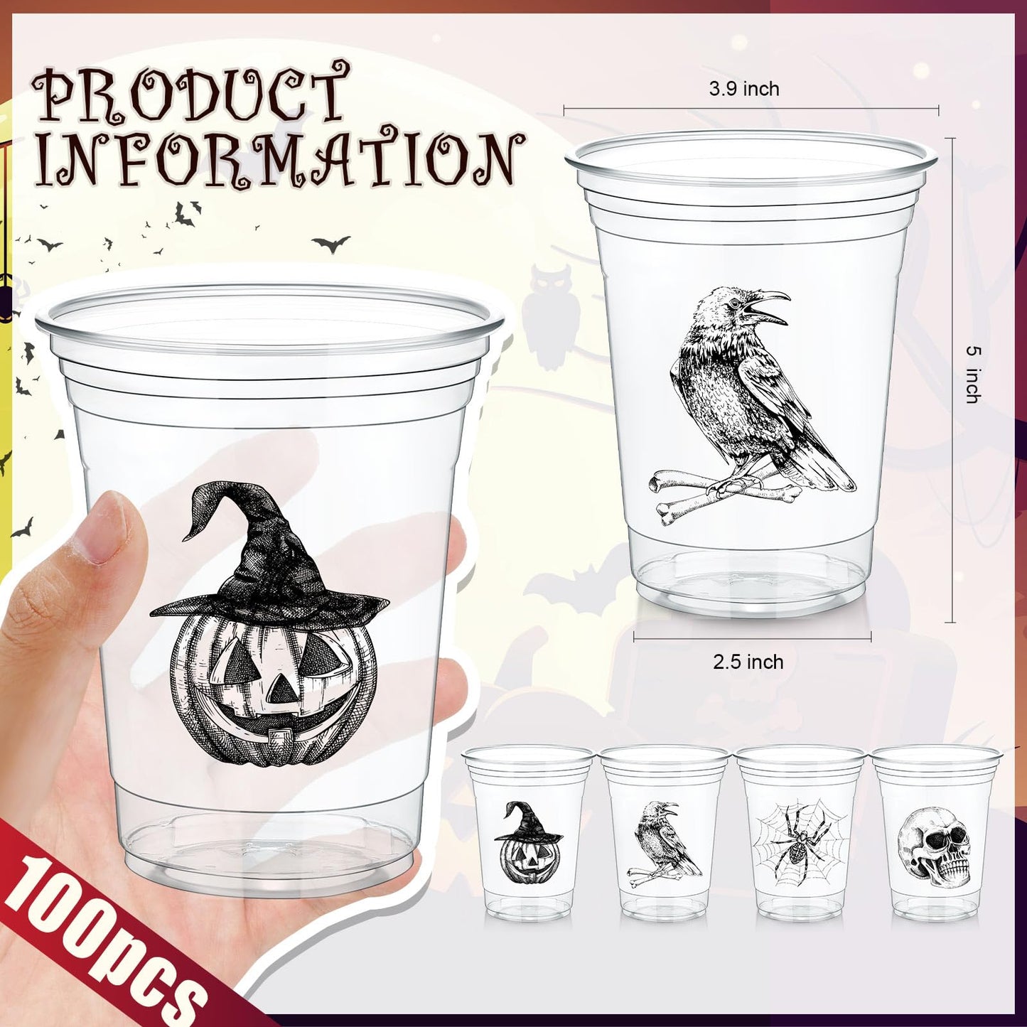 Teenyyou 100 pcs 16 oz Halloween Plastic Cups Disposable Halloween Clear Skull Pumpkin Spider Party Cups for Cold Drinks Candies Fruits and Party Supplies Decorations (Skull)