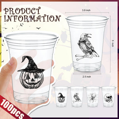 Teenyyou 100 pcs 16 oz Halloween Plastic Cups Disposable Halloween Clear Skull Pumpkin Spider Party Cups for Cold Drinks Candies Fruits and Party Supplies Decorations (Skull)