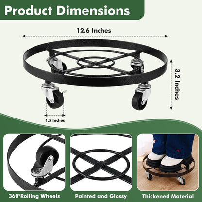 3 Packs Large Metal Plant Caddy 12.6” Plant Dolly with Wheels Heavy-duty Wrought Iron Rolling Wheeled Plant Stand with Casters for Indoor and Outdoor Plant Pot Rollers, 12" Clear Plant Saucers Included