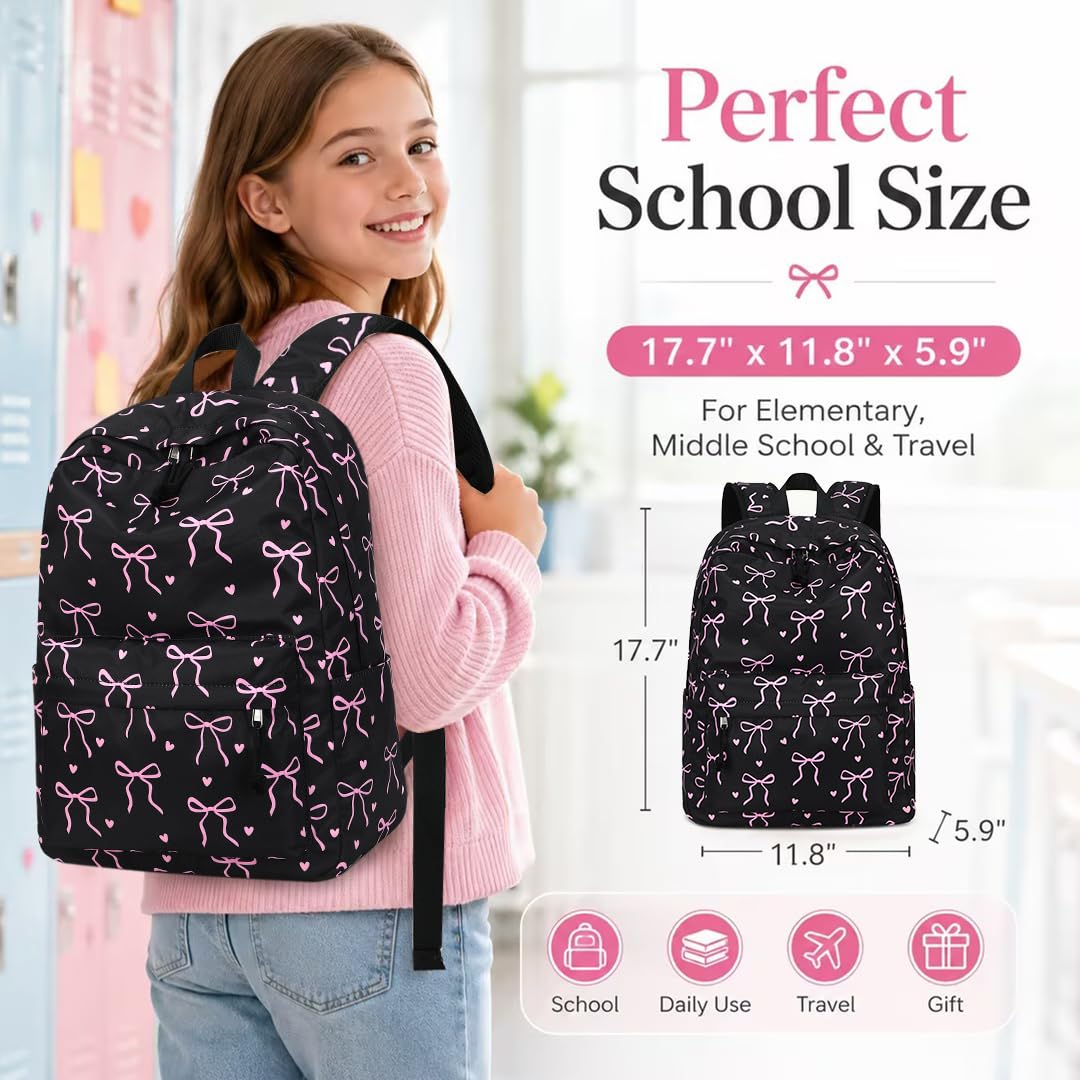 LOIDOU Backpack for Teen Girls Bookbags School Backpack with Lunch Box and Pencil Case 3 in 1 School Bags Set (Black Bow-Tie)