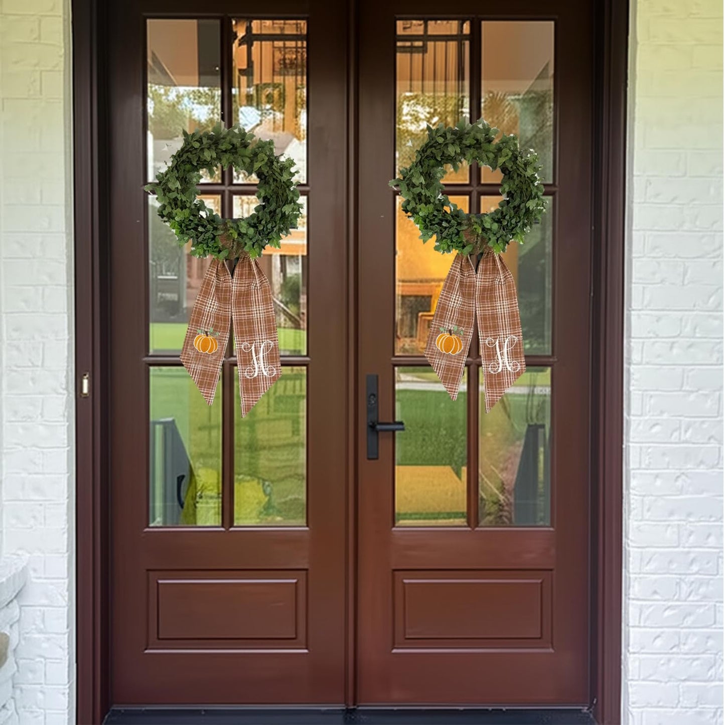 Autumn Door Wreath Sash Embroidered with White Letters and Pumpkins On A Plaid Wreath Sash Ideal for Housewarming Gifts, Autumn Thanksgiving, Halloween, and Christmas Porch Decorations -R