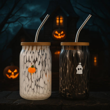 Honeydak 2 Pcs Icon Juice Glass Tumbler-18 oz Icon Can Shape Glass Cups with Lid and Straws, Coffee, Beer, Soda, Juice, Summer Drinking for Halloween Christmas Party Favors (Ghost and Pumpkin)