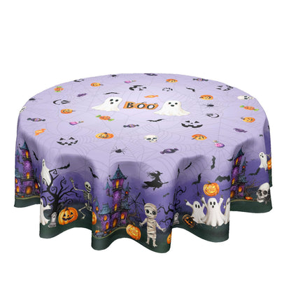 Ancordivo Halloween Round Tablecloth 60 Inch Purple Castle Spooky Pumpkin Ghost Bat Spider Web Table Cloth Rustic Holiday Table Cover for Kitchen Dinner Home Decor