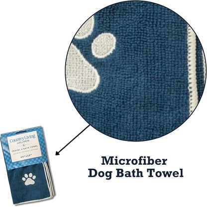 Country Living Large Marine Blue Microfiber Dog Bath Towel - Quick-Drying, Absorbent, Durable, and Machine Washable, Embroidered Paw Print, 48" x 22" for All Dog Sizes