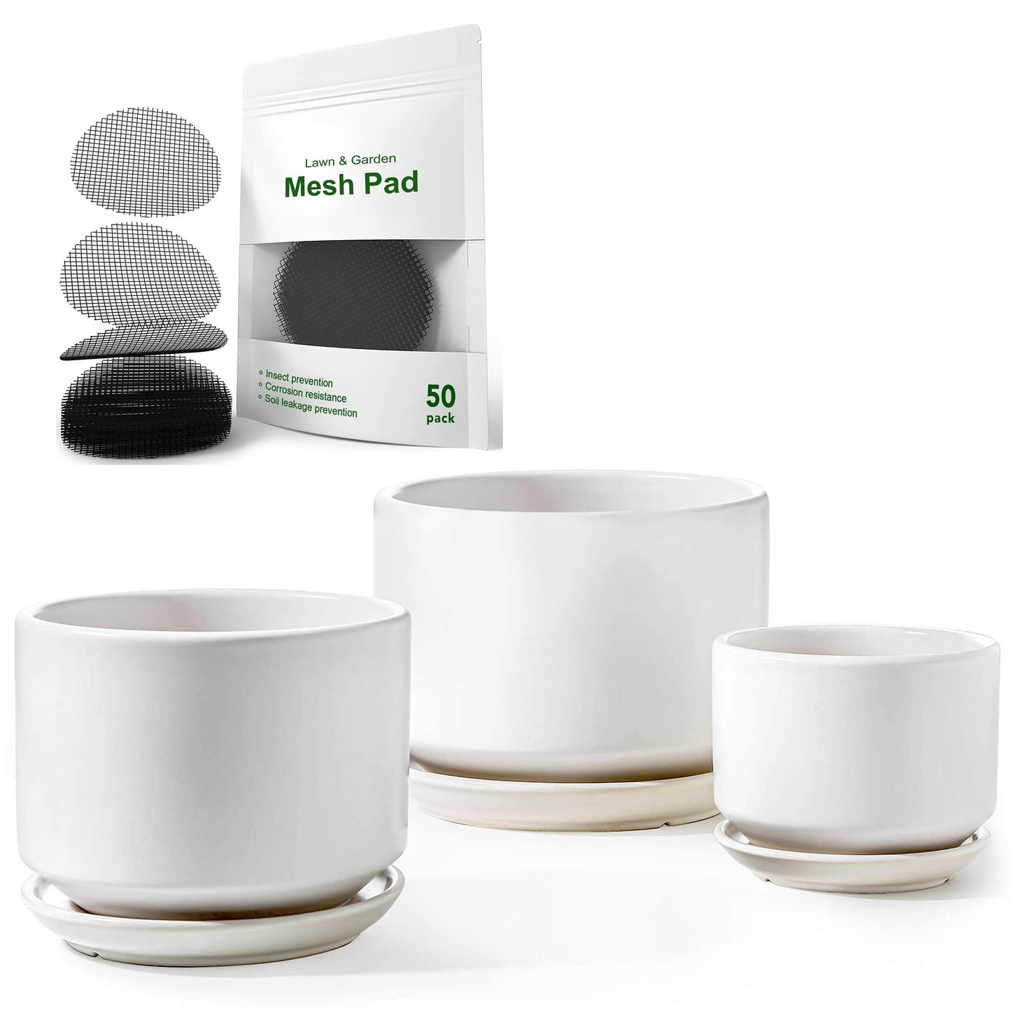 LE TAUCI Ceramic Plant Pots, 4.3+5.3+6.8 Inch Set with 50 Pack 2" Flower Pot Hole Mesh Pad Bundle, Planter with Drainage Hole and Saucer