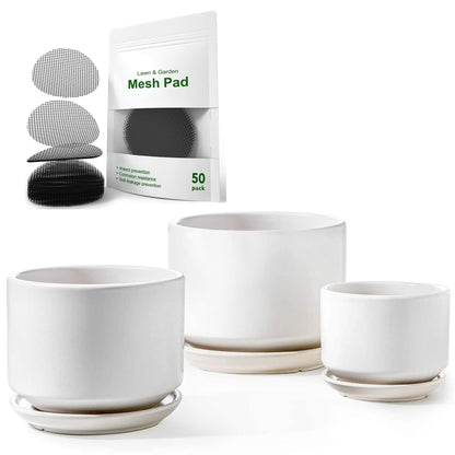LE TAUCI Ceramic Plant Pots, 4.3+5.3+6.8 Inch Set with 50 Pack 2" Flower Pot Hole Mesh Pad Bundle, Planter with Drainage Hole and Saucer