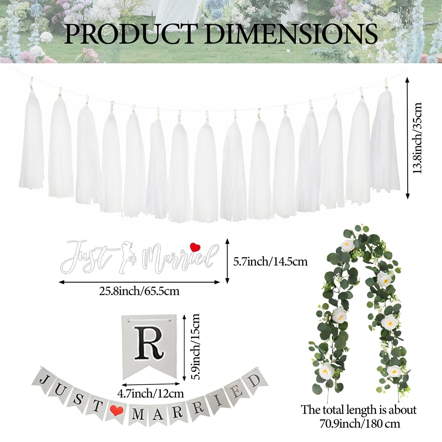 4PCS Just Married Wedding Car Decorations Kit with Greenery Vine Removable Banner Paper Tassel Static Cling Window Sticker for Bride and Groom Honeymoon Getaway Send Off Vehicle Decor