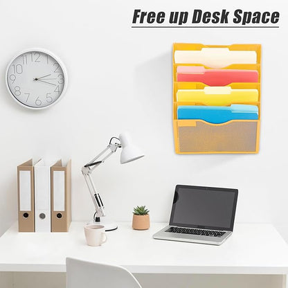 EASEPRES 5 Pocket Mesh Hanging Wall File Organizer, Wall Mounted Mail Paper Document Folder Holder, Clipboard Storage Organization Magazine Rack with Nametag Label for Office Home School, Yellow