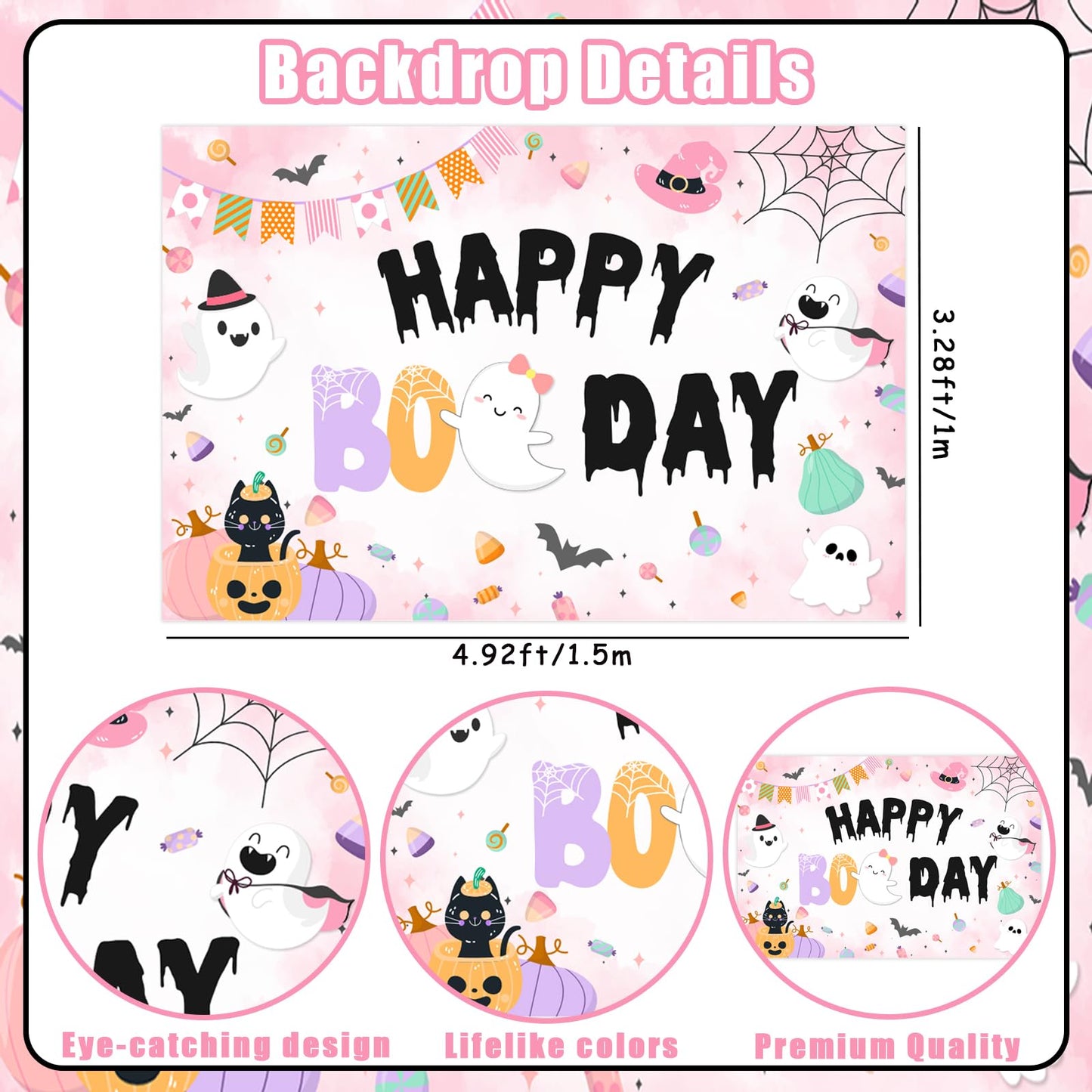 Balterever Happy Boo Day Party Decorations for Girl Pink Black Halloween Birthday Balloon Garland Kit with Happy Boo Day Backdrop Cake Cupcake Toppers Pink Halloween Tablecloth for Girl Bday Party
