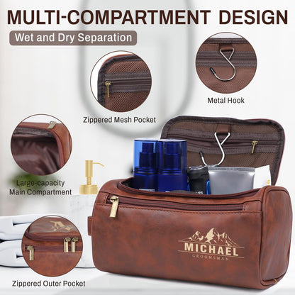 Aeekdook Personalized Toiletry Bag for Men - Engraved Name/Logo, Waterproof PU Leather Dopp Kit with Hanging Multi-Compartment, Unique Gifts for Men Husband Groomsmen Boyfriend Birthday Father's Day